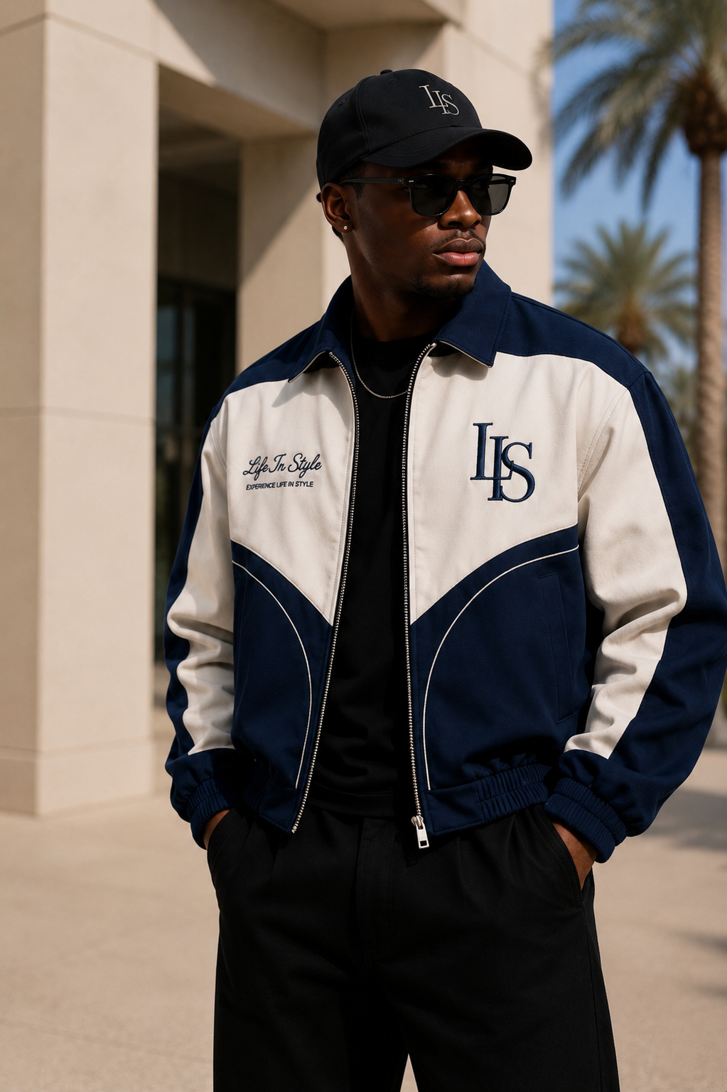The Heritage Track Jacket in navy and cream colorblock, back view