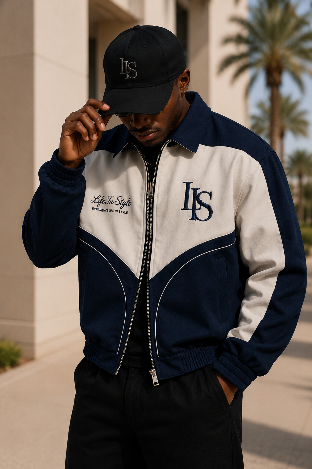 The Heritage Track Jacket in navy and cream colorblock, detail grid
