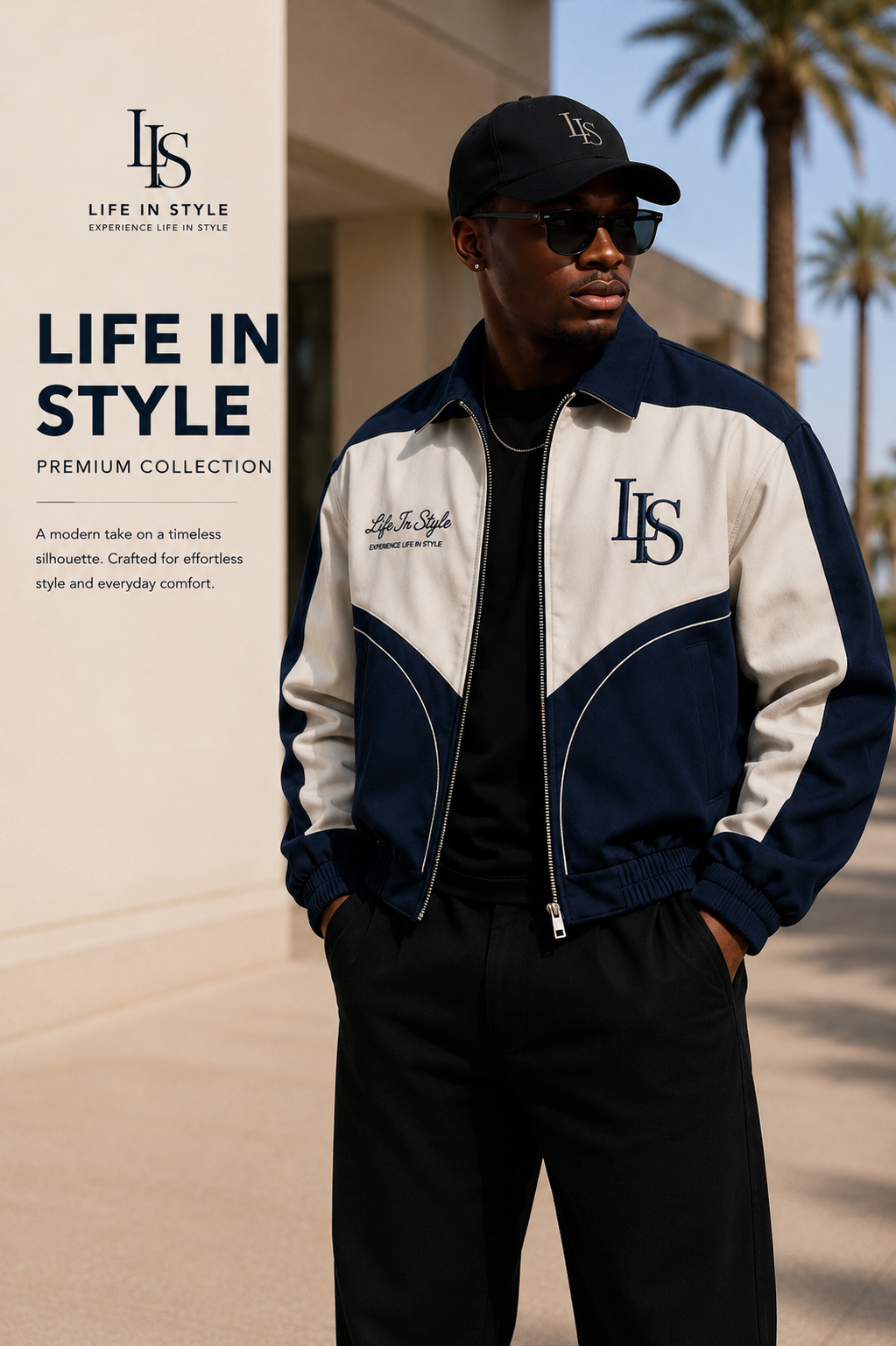 The Heritage Track Jacket in navy and cream colorblock, front close-up