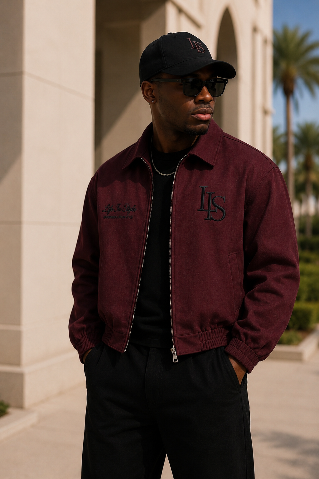 The Heritage Track Jacket in burgundy, front close-up