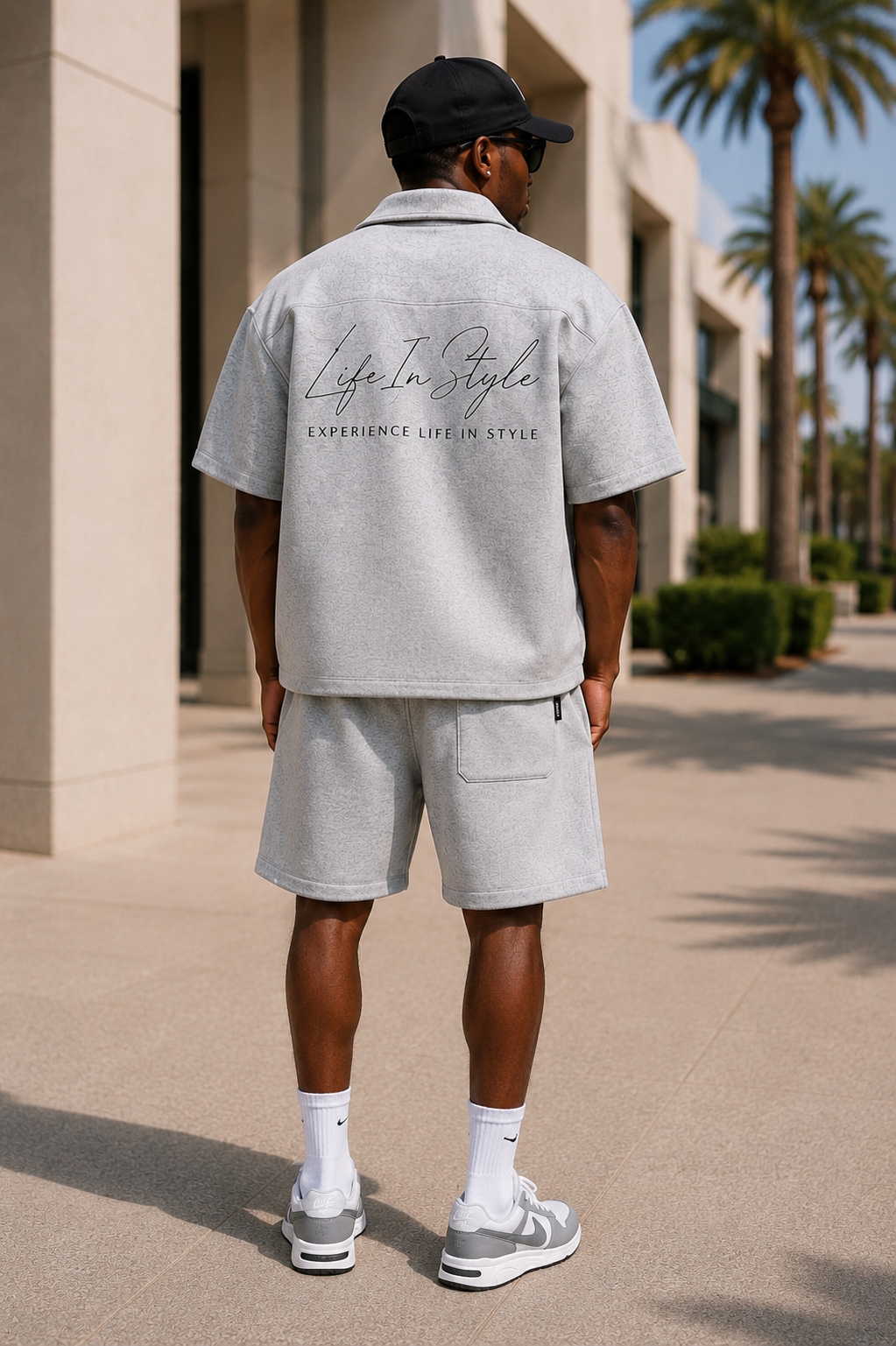 The Palermo Co-ord in stone grey, styled front
