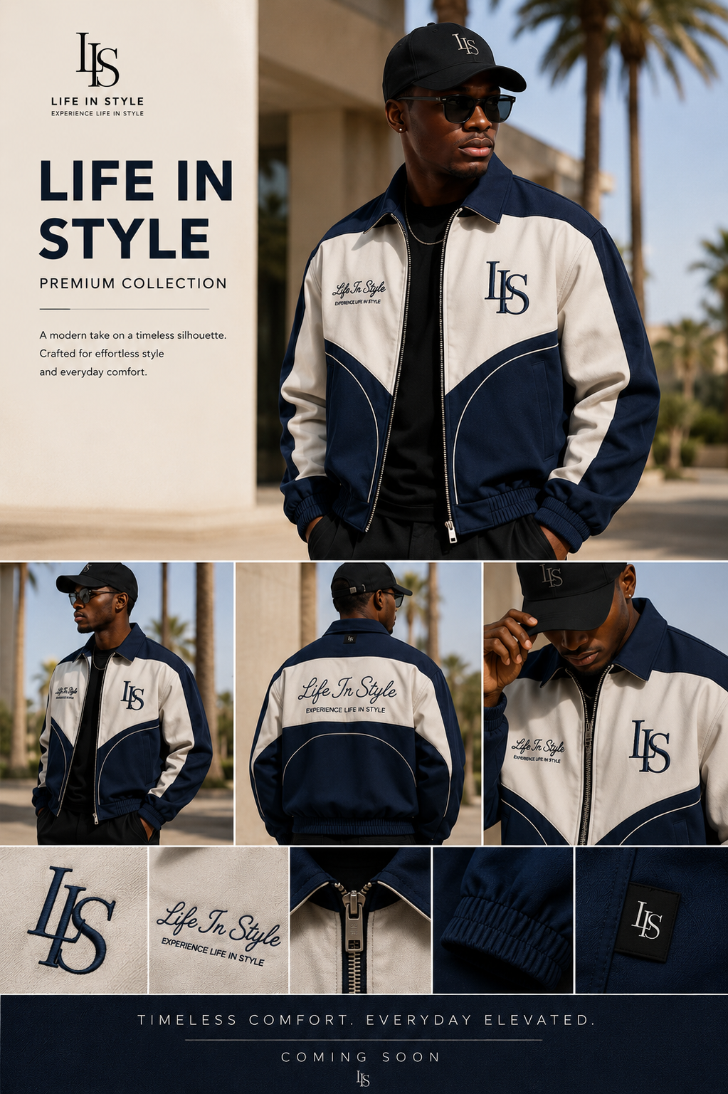 The Heritage Track Jacket in navy and cream colorblock, front branding