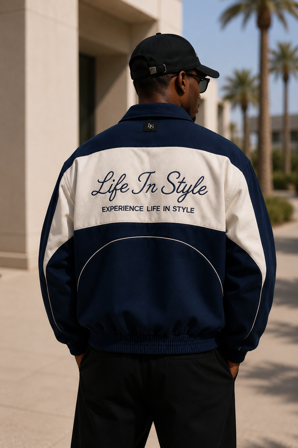 The Heritage Track Jacket in navy and cream colorblock, styled front