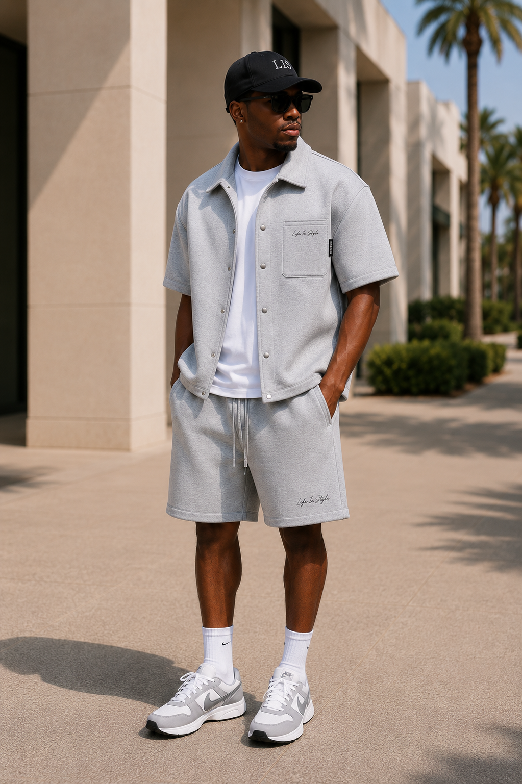 The Palermo Co-ord in stone grey, back view with Life In Style embroidery
