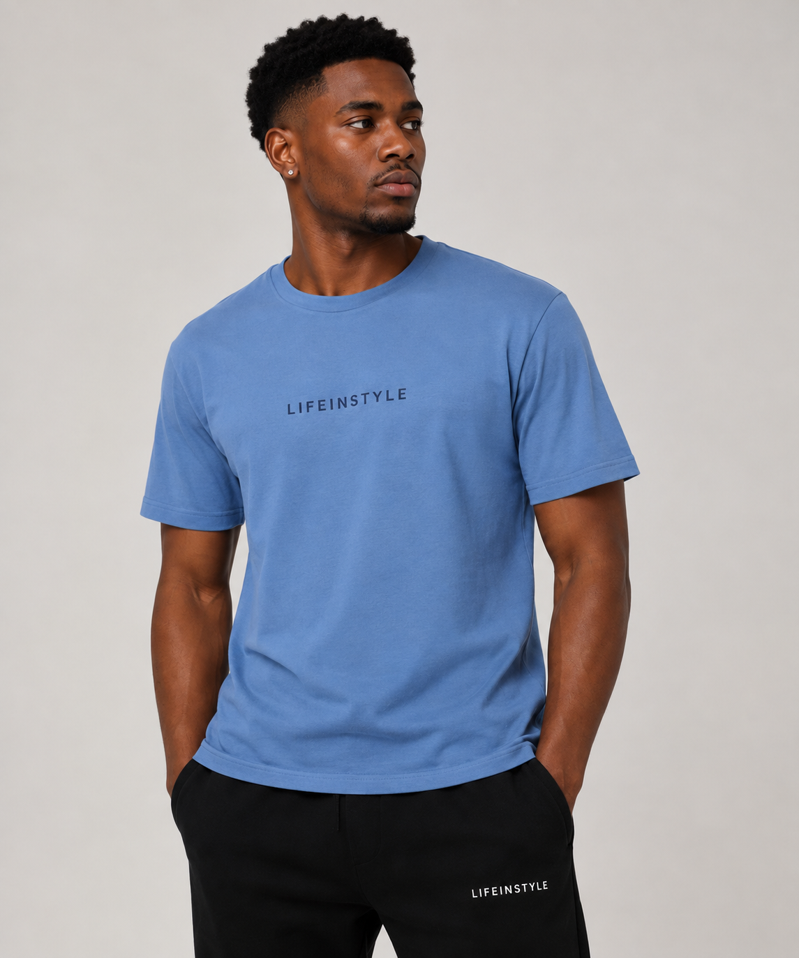 LIFEINSTYLE blue short-sleeve T-shirt worn by model – front view