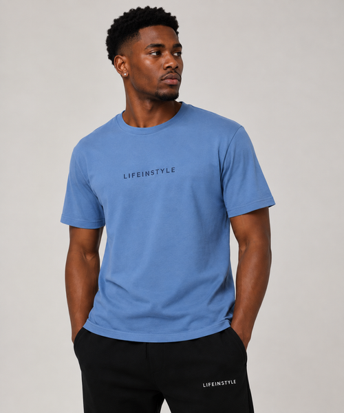 LIFEINSTYLE blue short-sleeve T-shirt worn by model – front view