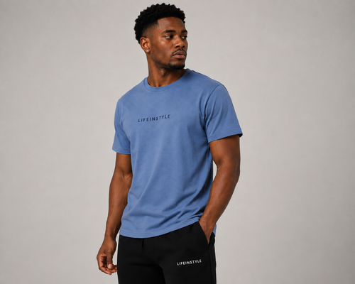 LIFEINSTYLE blue short-sleeve T-shirt worn by model – angled view